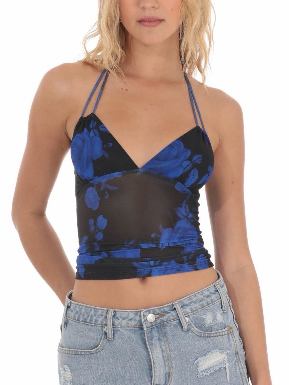 Lucy in the Sky Black Sheer Halter Tank with Blue Floral Print